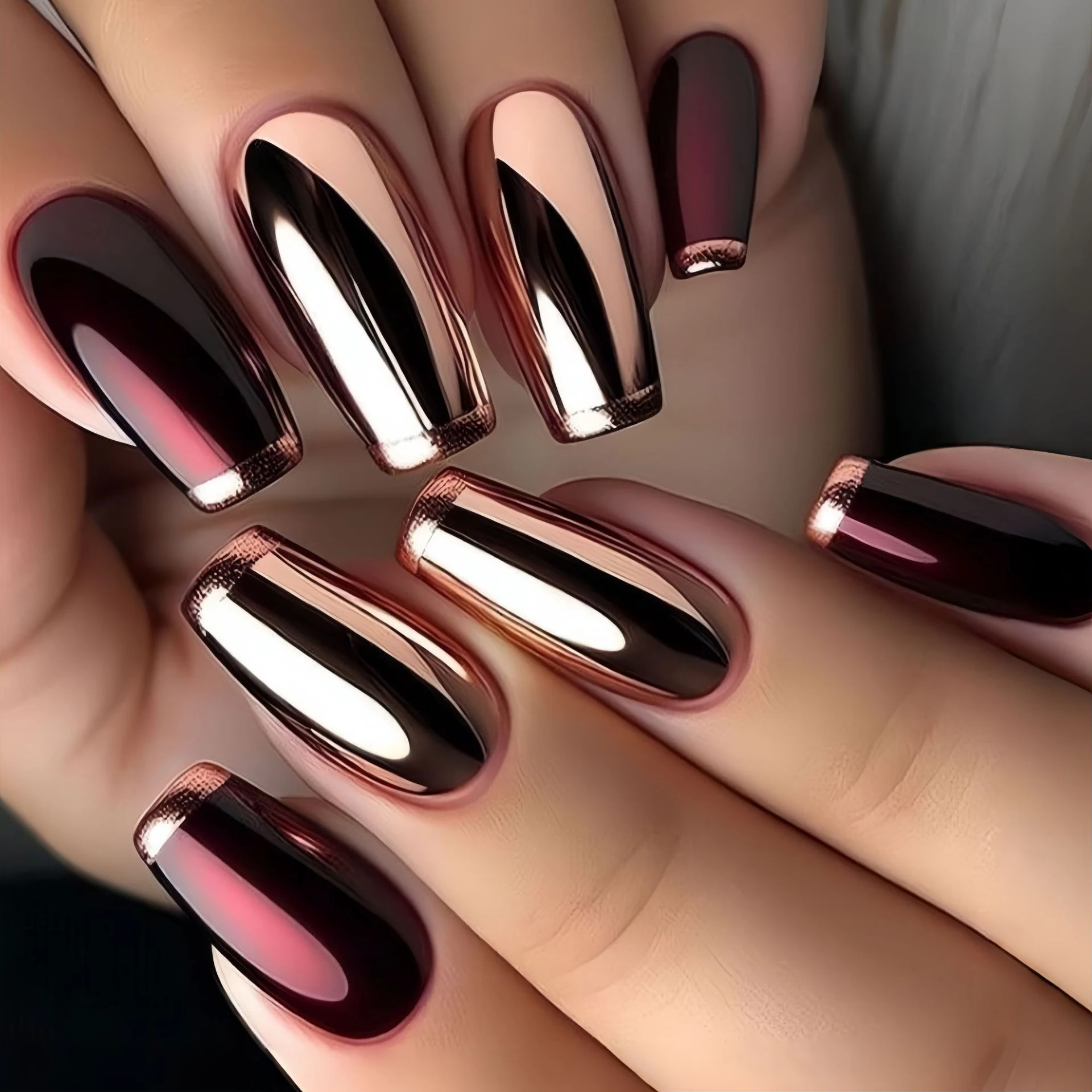 Faux ongles mi-longs couleur rouge vin champagne, brillants, forme ballerine, pour femmes, couvrance totale, réutilisables, à pression.