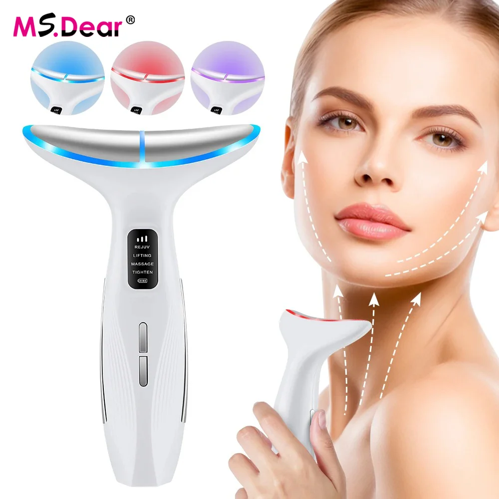 Appareil de beauté EMS pour le cou et le visage, 3 couleurs LED Photon IPL, rajeunissement de la peau, raffermissement du Double menton, Lifting du visage, masseur raffermissant