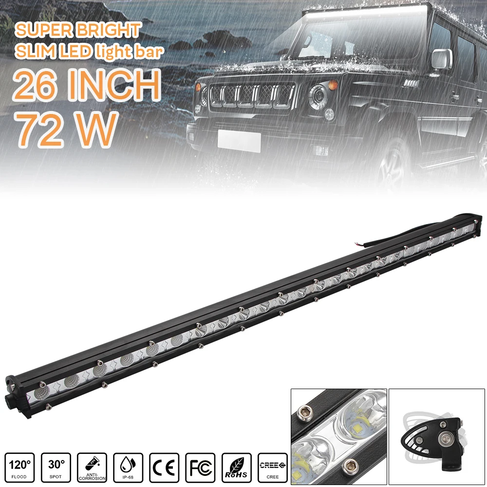 

26 Inch DC 9-30V 72W LED Strip Light Bar Single Row Off Road 7200LM 6000K White Light LED Lights Fit for SUV Motorcycles