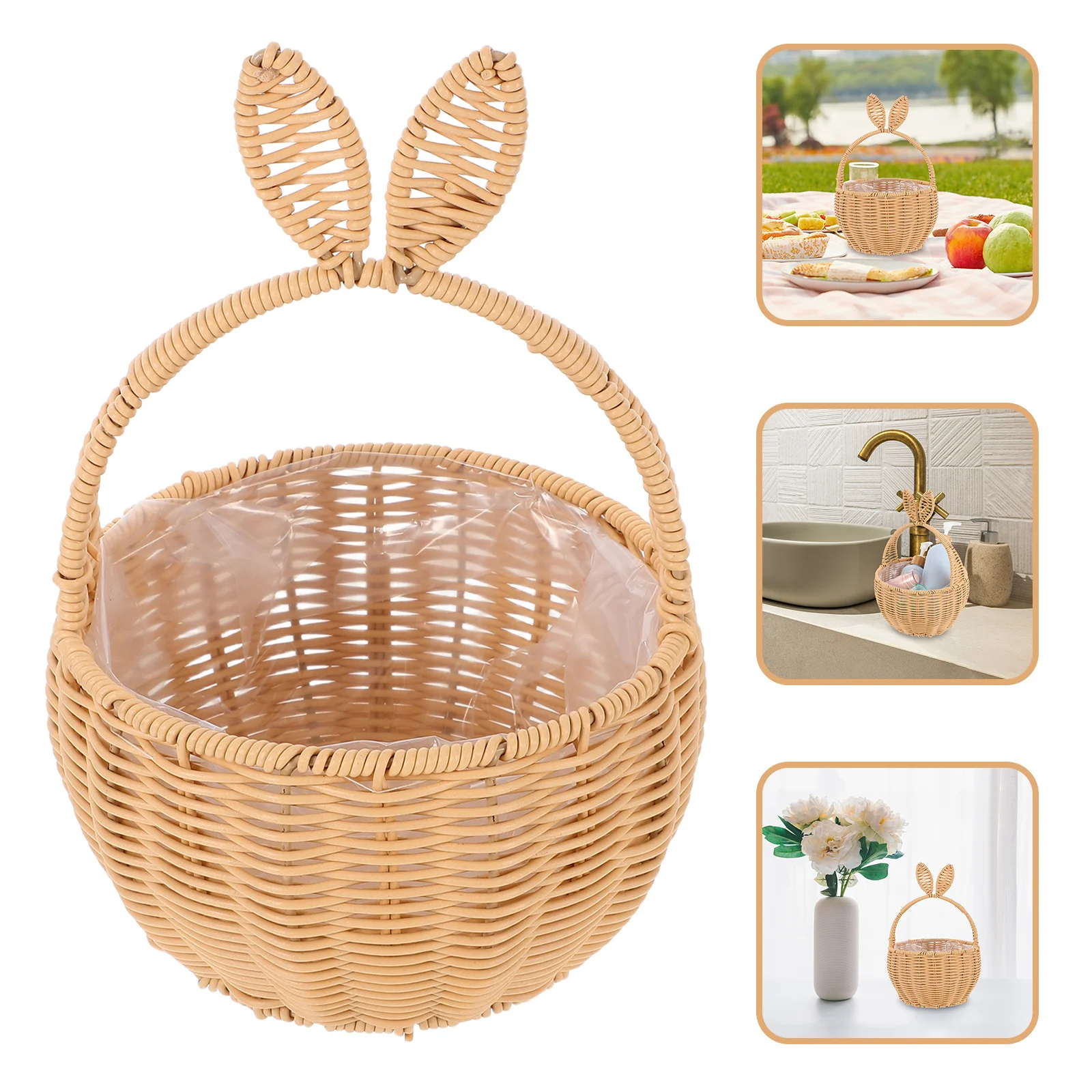 

Cute Rabbit Ear Handheld Basket Artificial Rattan Woven for Flowers Candy Easter Decorative Home Storage Use Woven Bunny Basket