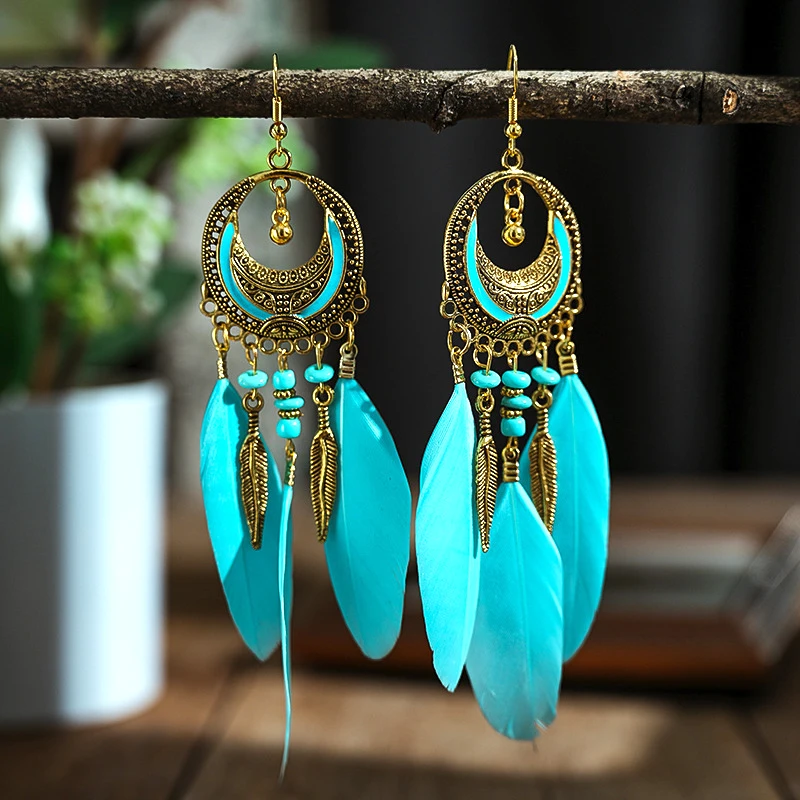 Antique Gold Color Crescent Design Feather Earrings for Women Long Ethnic Elegant Earring Boho Party Vacation Daily Jewelry