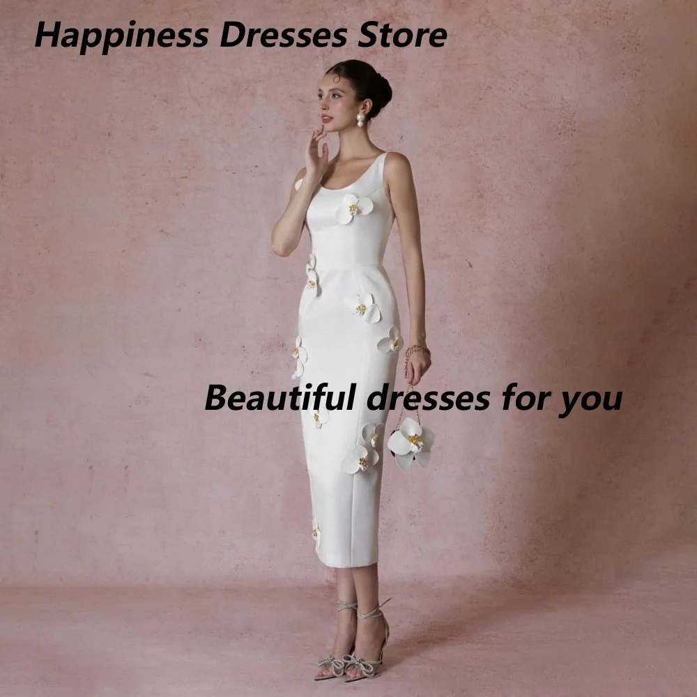 Customized Ivory White Satin Sleeveless U Neck Mother Of Bride Dresses 3D Floral Midi Sheath Formal Wedding Guest Dress