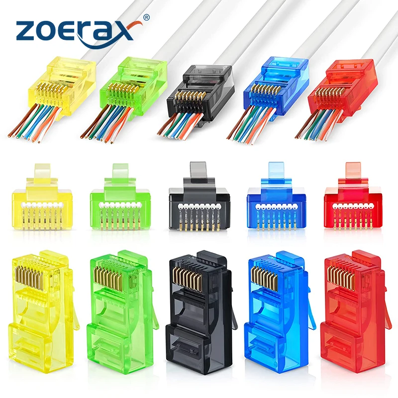 ZoeRax RJ45 Cat6 Pass Through Connectors, Assorted Colors, EZ to Crimp Modular Plug for Solid or Stranded UTP Network Cable