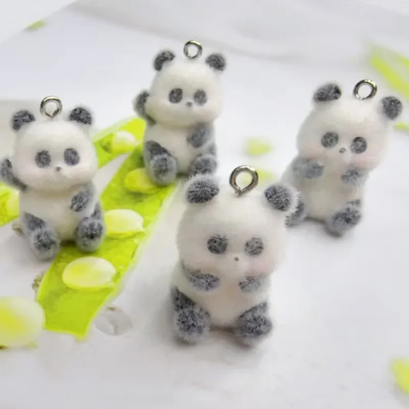 20Pcs 3D Cute Flocked Panda Doll Charms Cartoon Animal Resin Plush Pendant For Phone Keychain Necklace Earrings Diy Jewelry Make