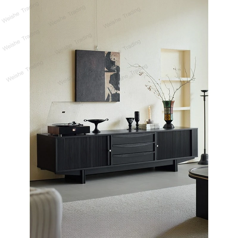 

Тумба под телевизор для гостиной, домашний шкаф для хранения, интегрированный, из массива дерева, черный, в стиле ретро, простой дизайн.