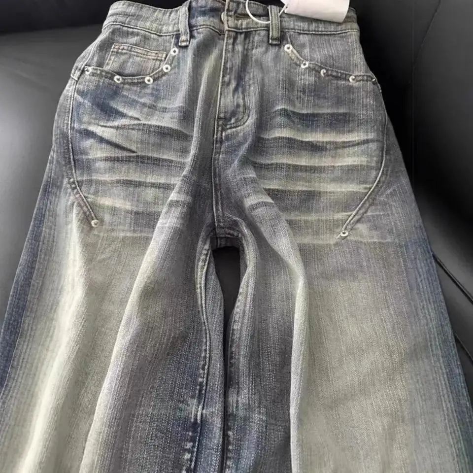Women Wide Leg Pants Jeans Washed Solid Loose Low Waist Trousers Streetwear Casual Distressed Full Length Denim Pant Lady Autumn