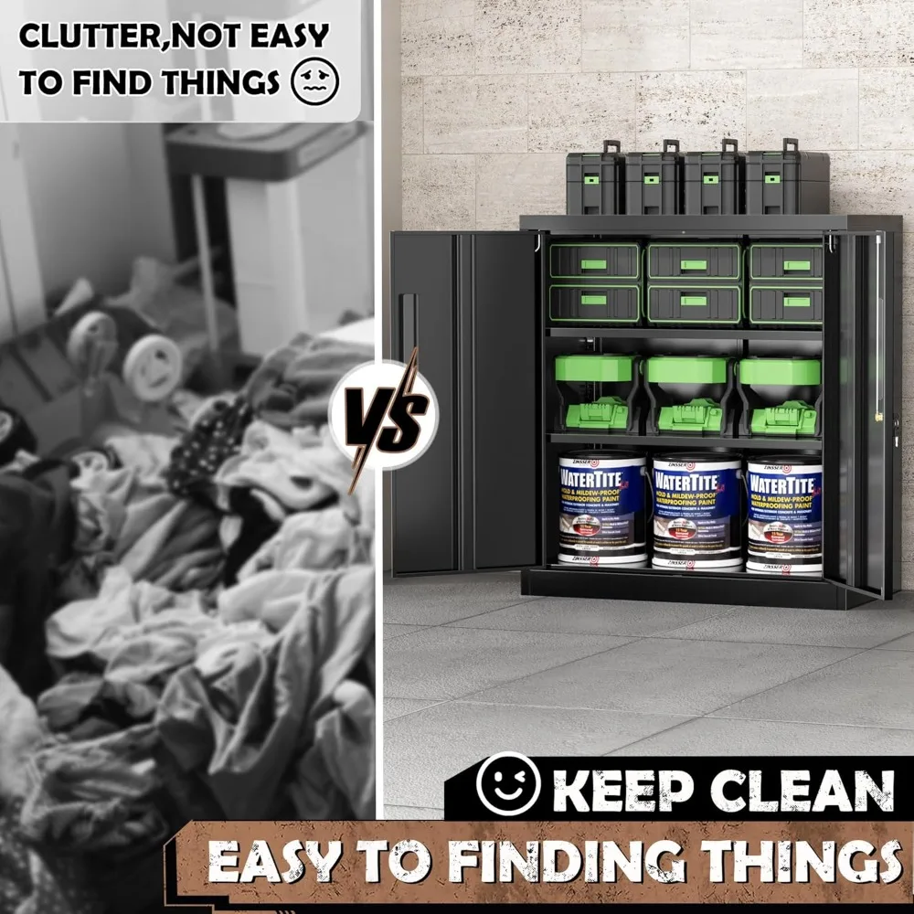 Szafka stalowa zamykana na klucz, metalowe szafki zamykane z 2 regulowanymi półkami, czarna szafka warsztatowa o wysokości blatu