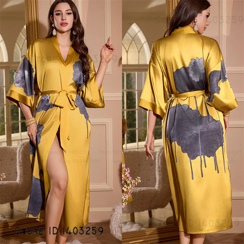 Female Long Robe Loungewear Elegant Chinese Style Kimono Bathrobe Gown Negligee New Silky Satin Sleepwear Nightgown Loose Pajama image 5