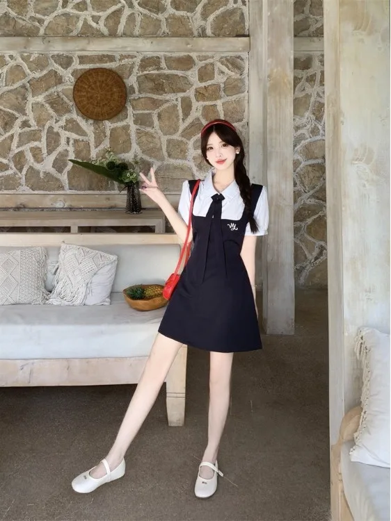 

plus Size A-Line Skirt Short Sleeve Embroidery Color Block Fake Two-Piece Dress Korean Style Commute Wind Summer New Arr...