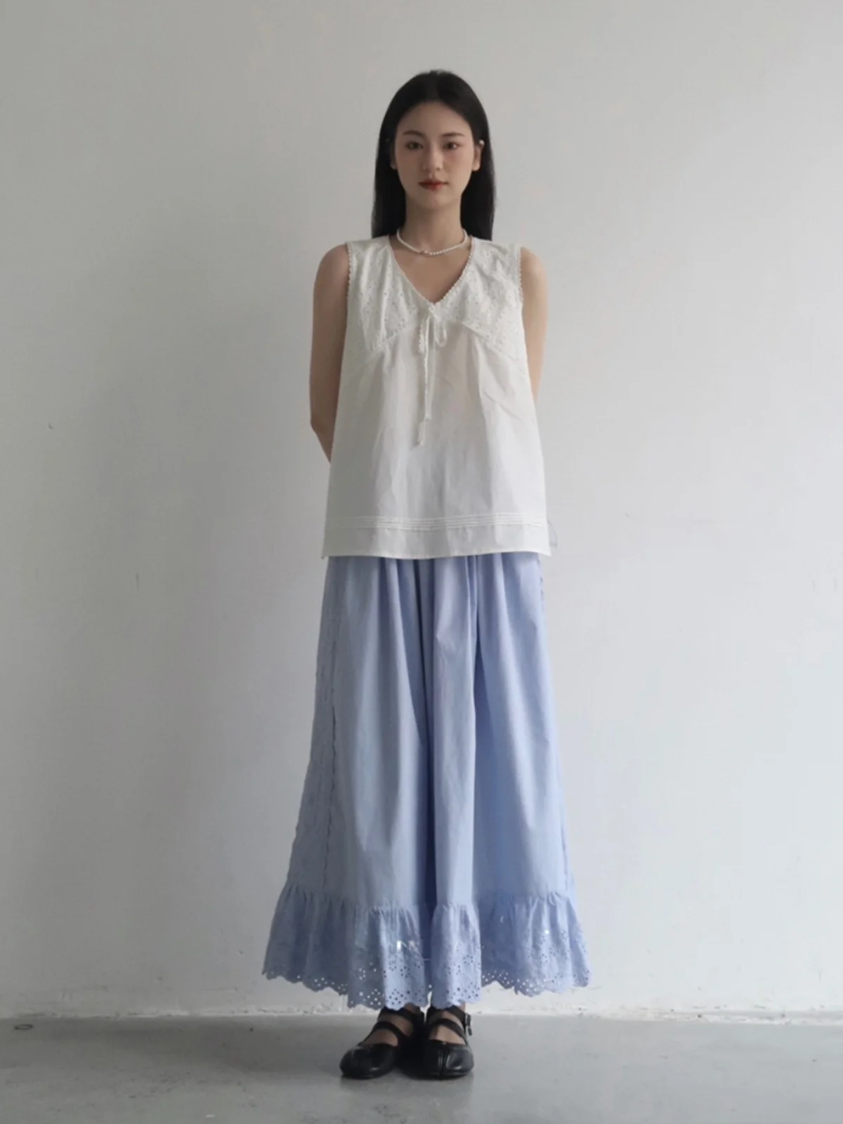 

Blue Heavy Embroidery Splice Loose Women's Skirt Midi A-Line Skirt Summer New Sle Casual Cotton 00% Commute Sle