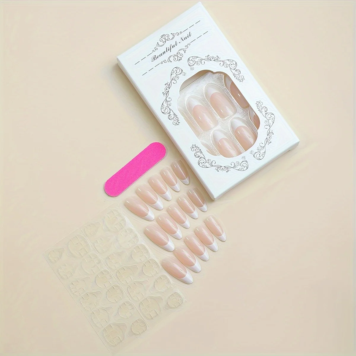 Set of 24 Stylish Almond-Shaped White French Press-On Nails: A Sophisticated Fashion Accessory for Women And - Detail 1
