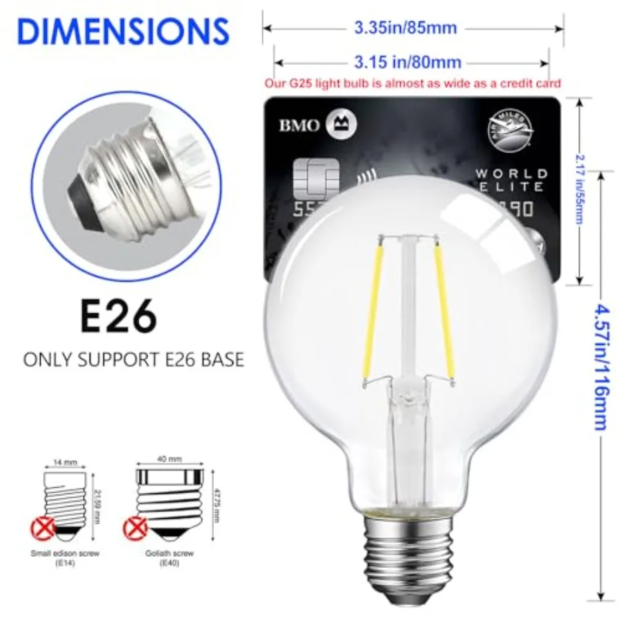 Dimmable LED Edison Light Bulb, G25 G80 Globe Bulb, 60W Equivalent, Daylight, Christmas Light, E26 Standard Base, ETL Listed