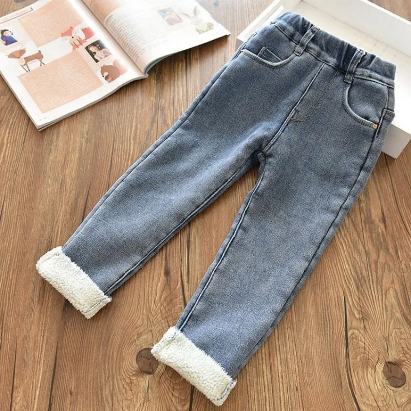 Autumn and Winter Girls\' Jeans New Thickened Plush Jeans Children\'s Slim Fit Elastic Warm Cotton Pants 3-7Y