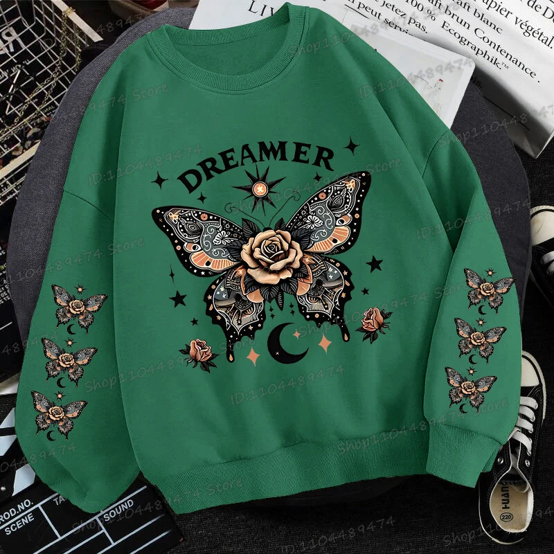 Vintage Butterfly Dreamer Fleece Sweatshirts Vrouwen Grappige Dieren Vlinder Rose Print Grafische Sportkleding Vrouwelijke Koreaanse Sweatshirt