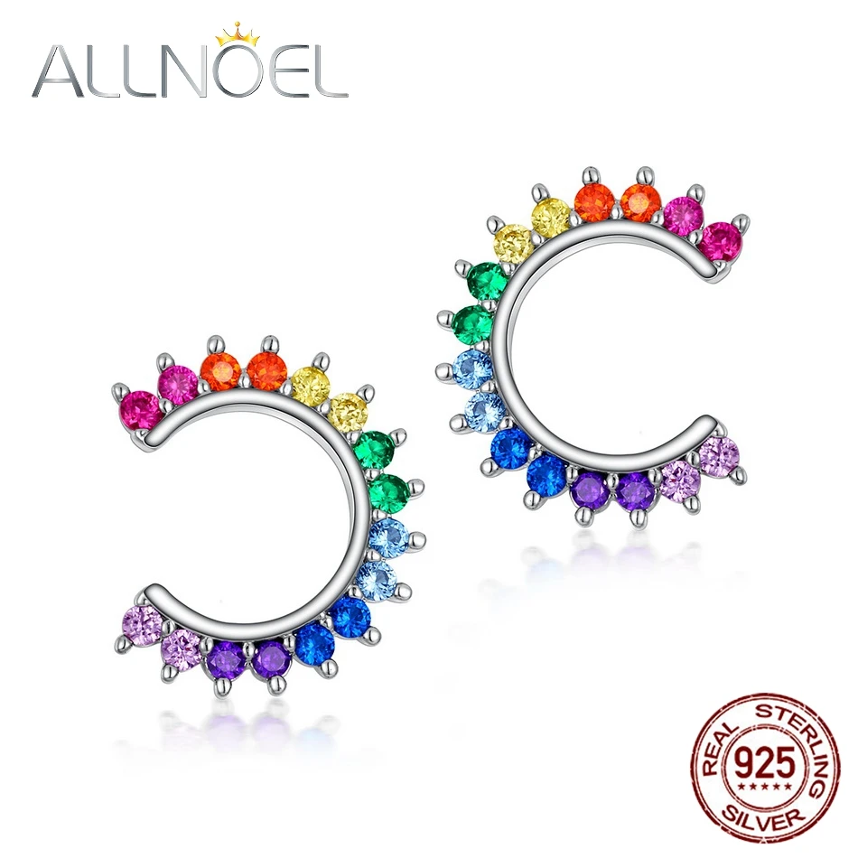 ALLNOEL Real 925 Sterling Silver Stud Earrings for Women C Shape Colorful Rainbow Zircon Crystal Trend Wedding Gift Fine Jewelry