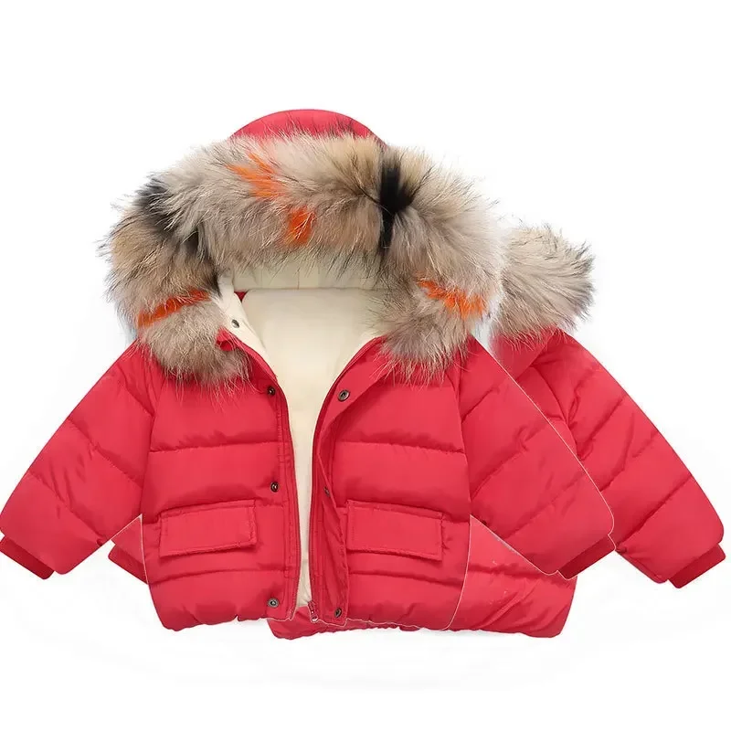 Baby Girl Boy Warm Outerwear 2023 Winter New Children Down Jacket Big Fur Collar Coat Kids Clothes Solid Thicken Girl Boy Jacket