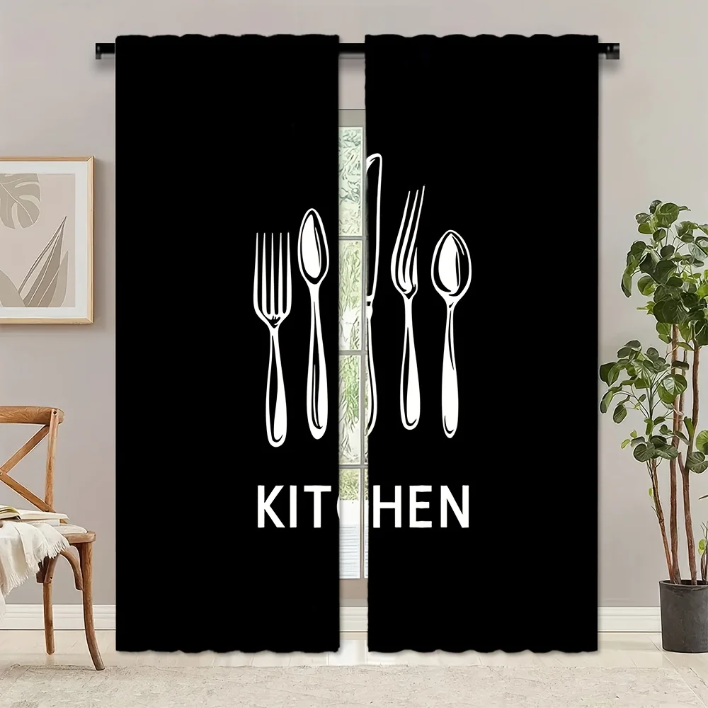 Kitchen Utensils Text Curtains Black White Drape with Fork Spoon Knife Print for Cooking Space Window Decoration