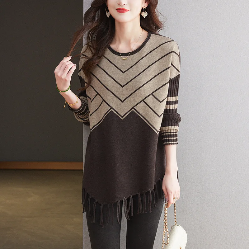 

Женский свитер с круглым вырезом и кисточками, средней длины, осенне-зимний новый стиль, трикотажная базовая рубашка нестандартной формы для мам среднего возраста