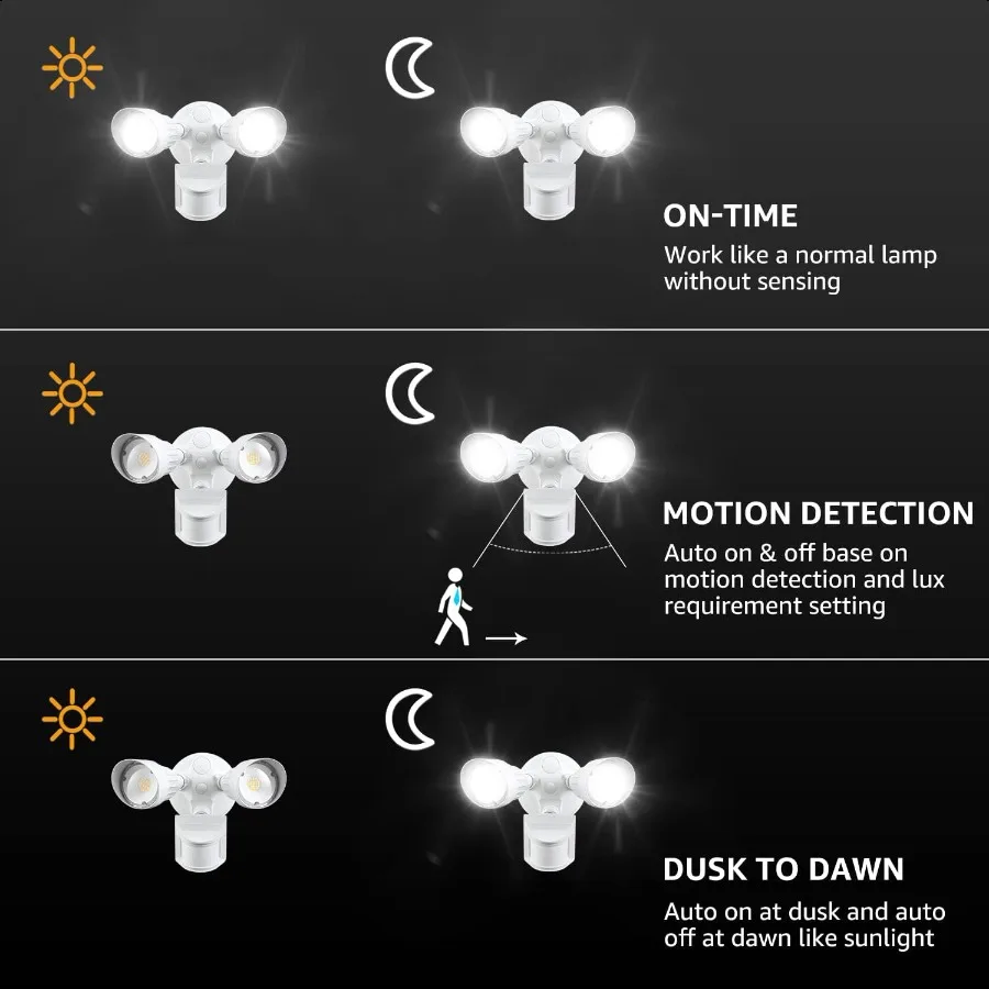 LED Security Light Motion Sensor Flood Lights 3000K 4000K 5000K Selectable Adjustable 2Head White