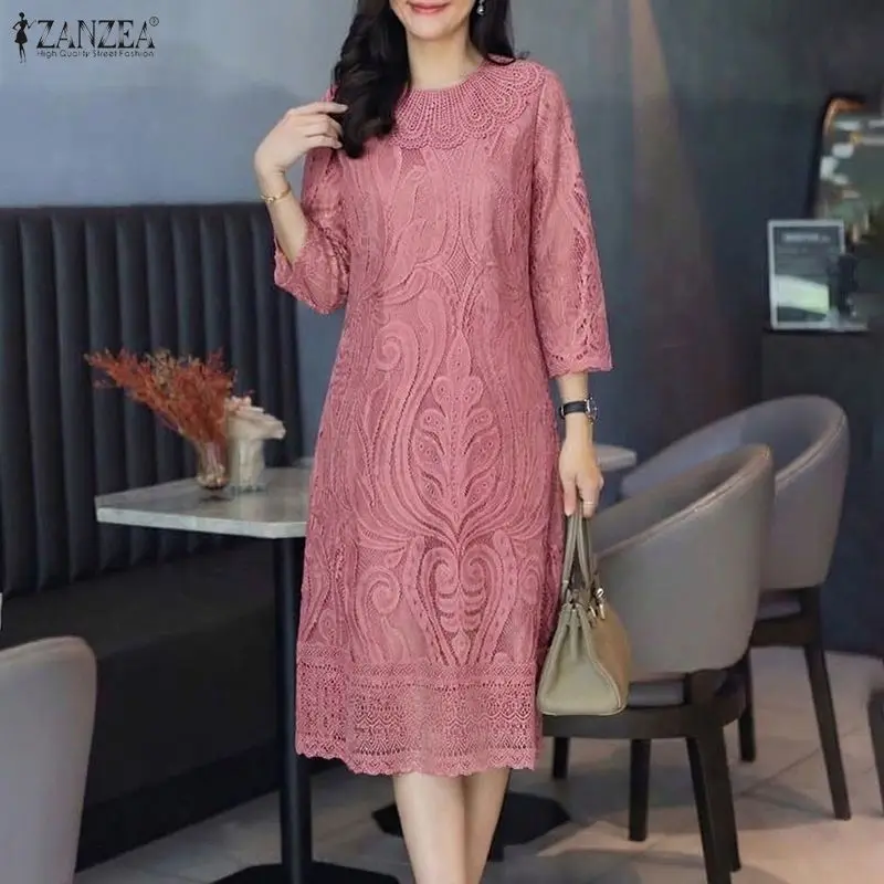 Damen Bestickte Kleider 2026 ZANZEA Sommer Spitze Patchwork Sommerkleid Elegant 3/4 Ärmel Arbeitskleid Midikleid A-Linie Party Vestido