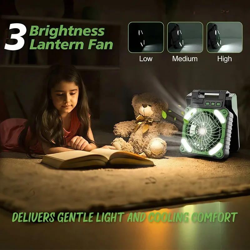 Solar Powered Camping Lamp with Cooling Fan 4 Speed Wind Settings 3 Timing Modes 3 Lighting Levels Portable Power Bank Function