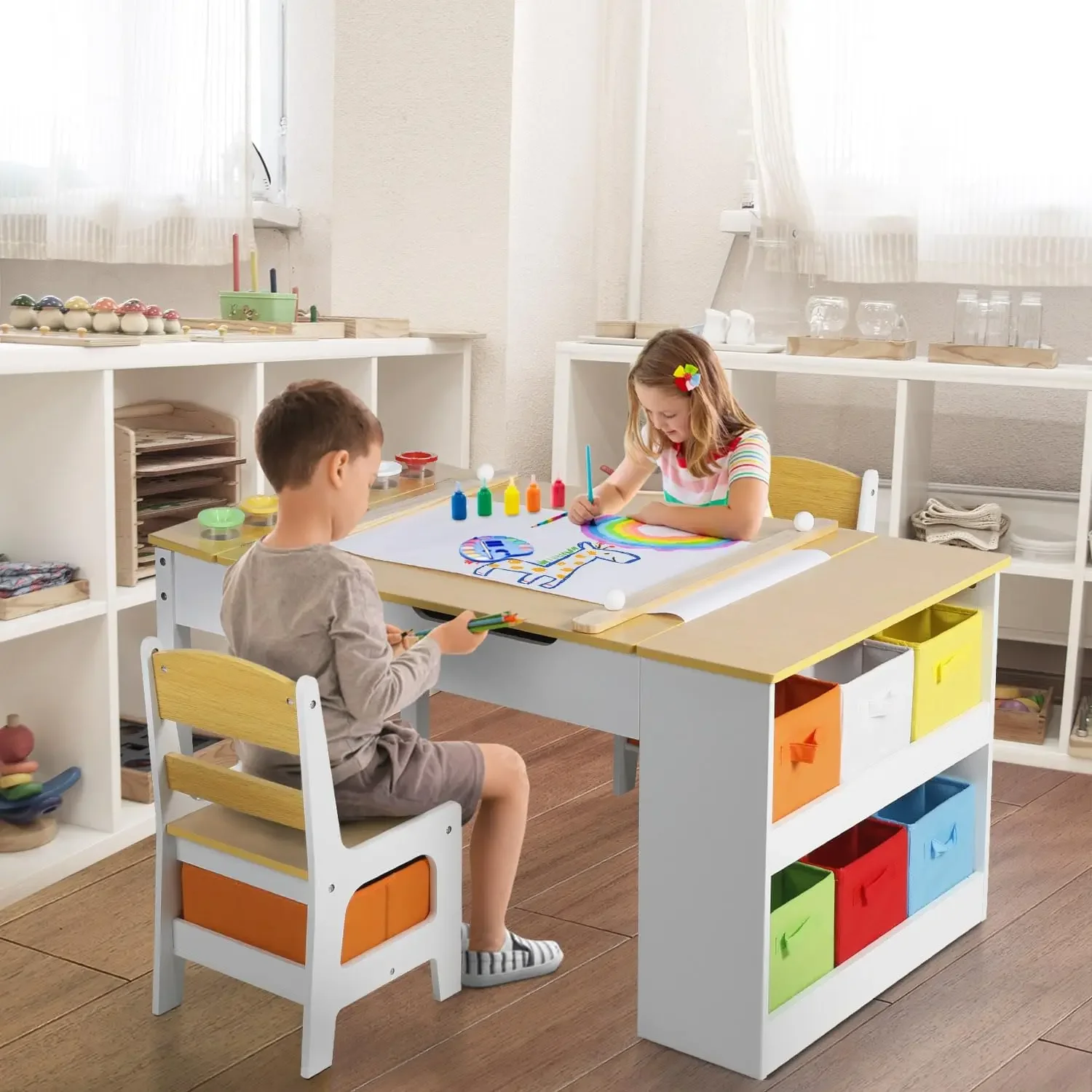 Conjunto de mesa de arte infantil 3 em 1 Kinder King e cadeira de cavalete, mesa de atividades infantis de madeira, 6 caixas de armazenamento, rolo de papel, copos de pintura