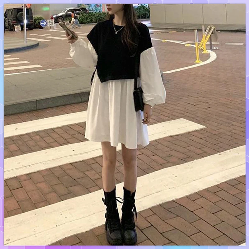 Dress Women\'s Elegant Plus Size Fake Two Piece Lantern Sleeve Knee-Length Spring Casual Vestidos Korean Style All-Match Dresses