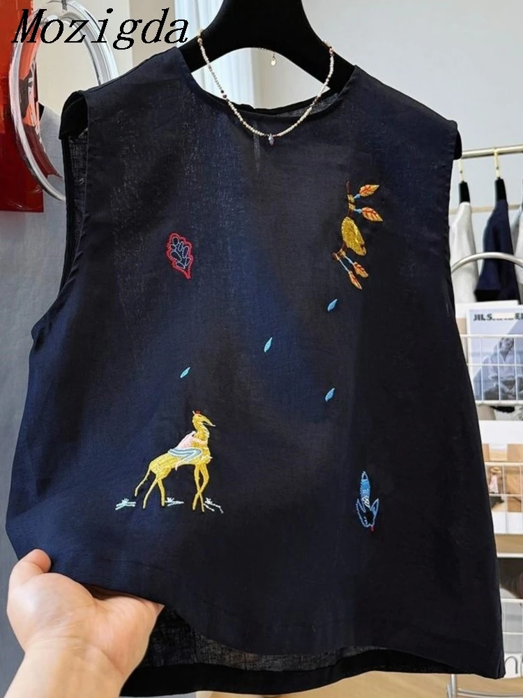 

Korean Heavy Industries Embroidery Sleeveless Vest Shirt Women Print Floral Linen Ladies Tops Summer Outerwear Vest Small Shirt