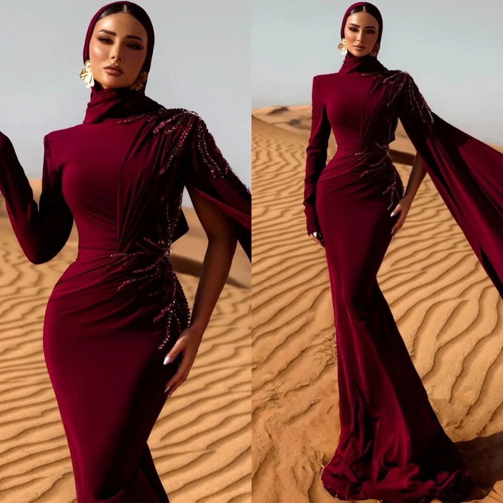 

Customized Mermaid Simple Burgundy Jersey Celebrity Gowns Elegant Long Sleeves Evening Dress Exquisite Homecoming Dresses