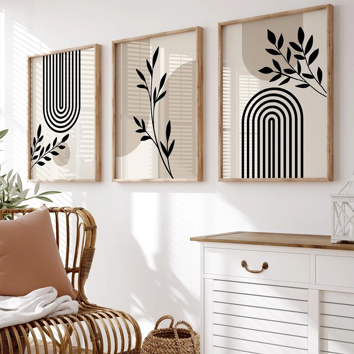 3PC frameless decorative art print,3PCS Botanical Posters in Neutral Beige Boho Bedroom Wall Art Japandi Living Room Canvas Pain