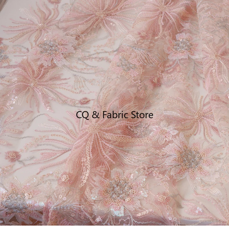 

Soft Pink Shiny Embroidered Mesh Lace Fabric for Wedding Dresses and Clothing Accessories Designer Fabric By The Meter