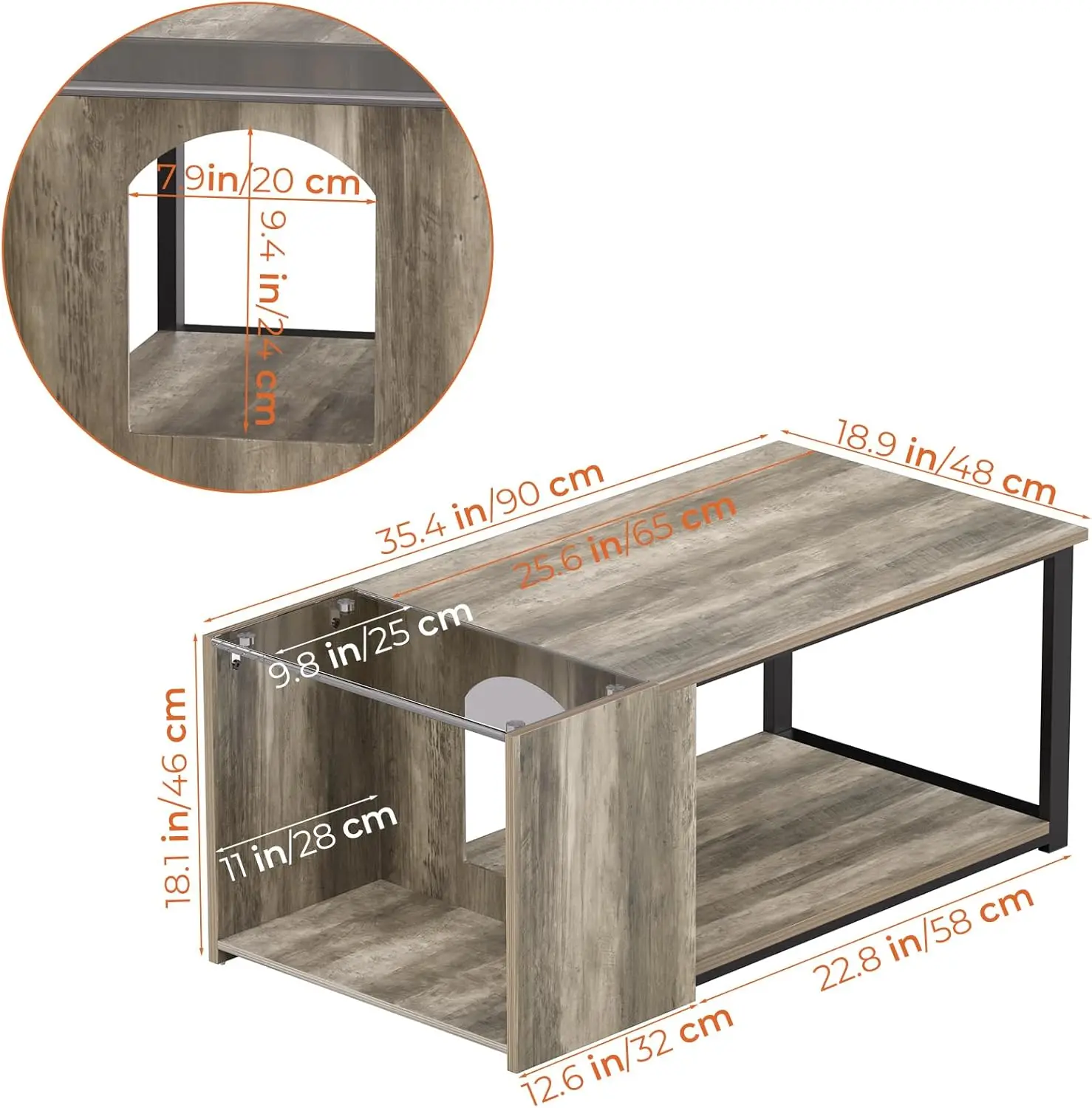 Coffee Table for Small Living Room, Modern Center Tables with Storage, Rectangular Glass Top Table with LED Light, Grey