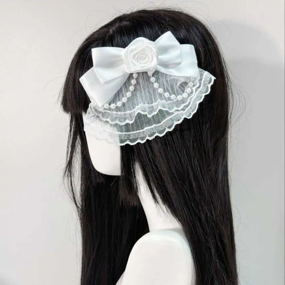 

Subculture White Lace Mesh Yarn Bow Hair Clip Sweet Lolita Girl French Pearl Rose Vintage Hairpins Headwear Hair Accessories