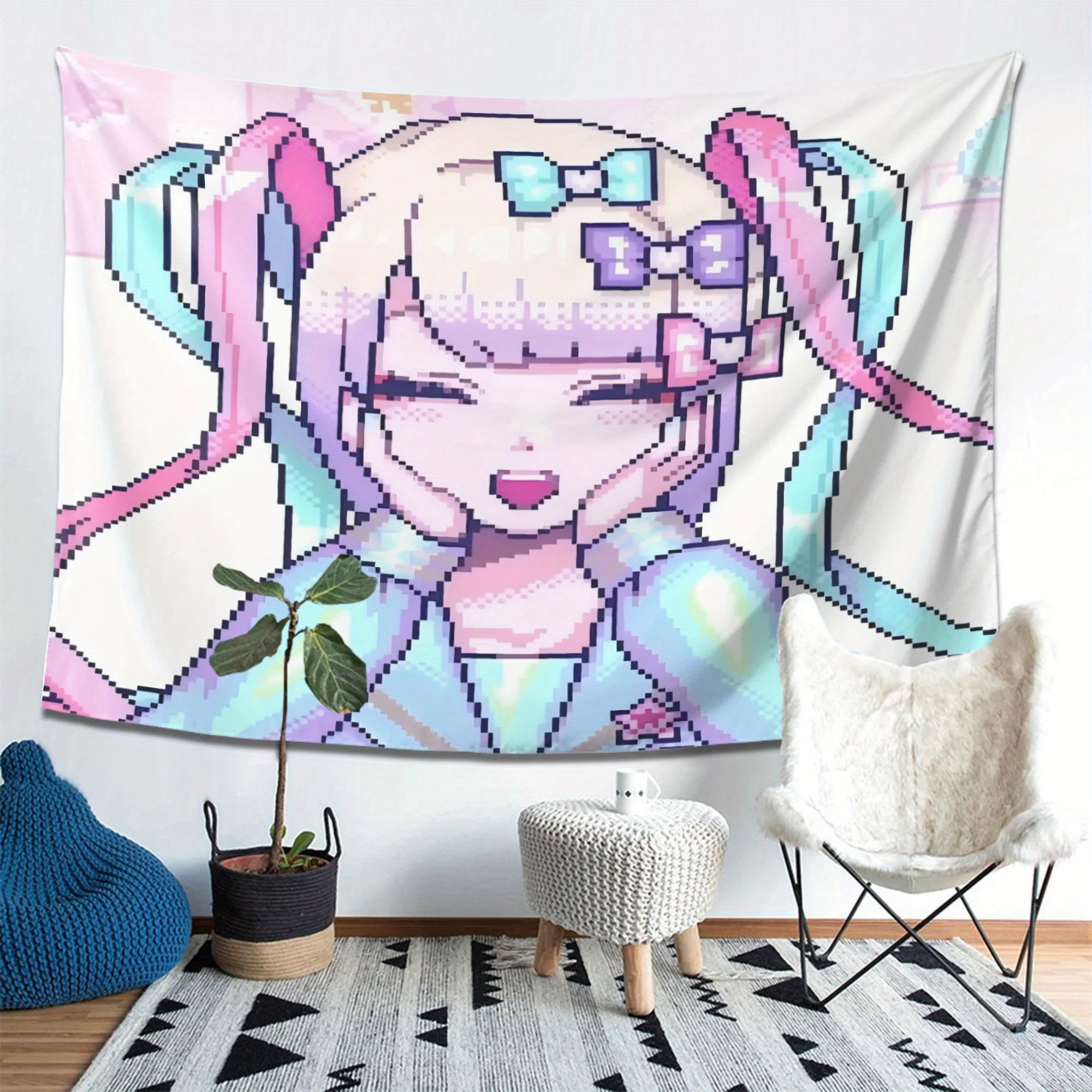 Cute Kangel Nso Tapestry - Stylish Lightweight Polyester Wall Decor, Peach Skin Plush Fabric, Multi-Color Pixel Art Design with