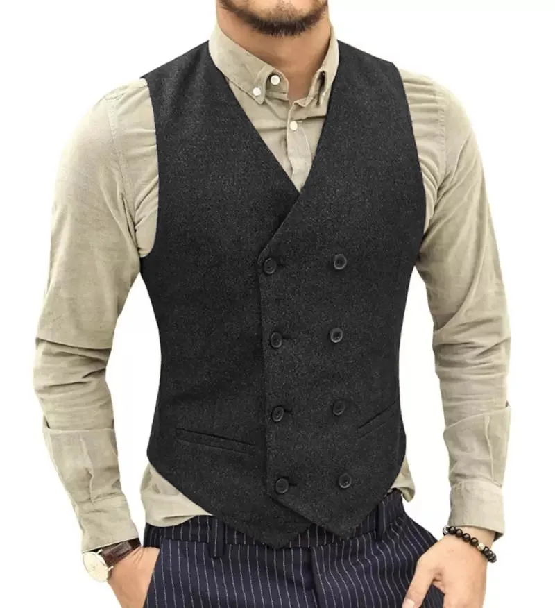 Masculino duplo breasted tank topo masculino com decote em v lã mistura tanque topo casual formal casamento dos padrinhos de negócios