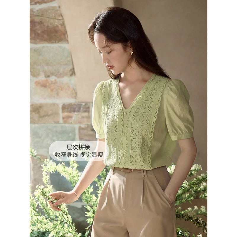 INMAN Women Blouse 2023 Summer Puff Sleeve V Neck Slim Shirt Hollow Lace French Gentleness Apricot Green Tops