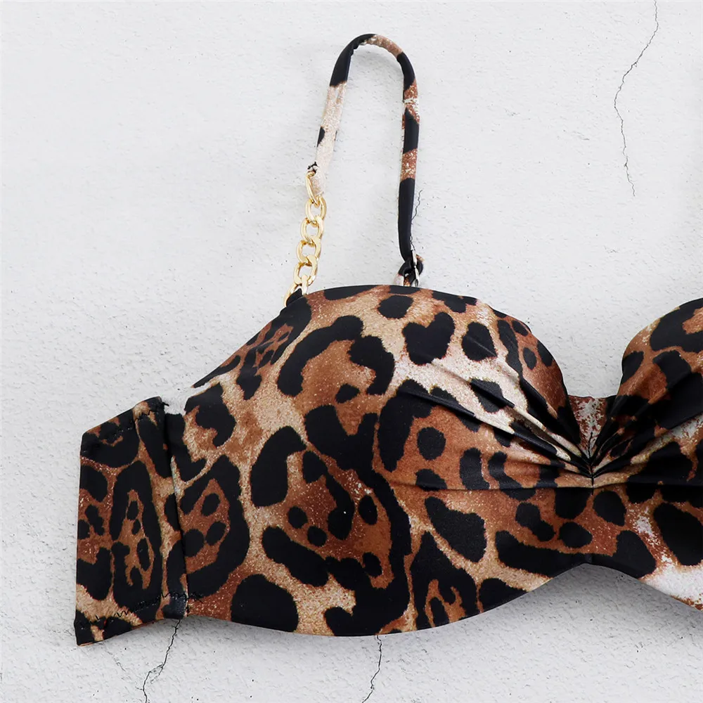 Bikini con estampado de leopardo para Mujer, traje de baño de cintura alta con realce, Sexy, fruncido, brasileño, 2024