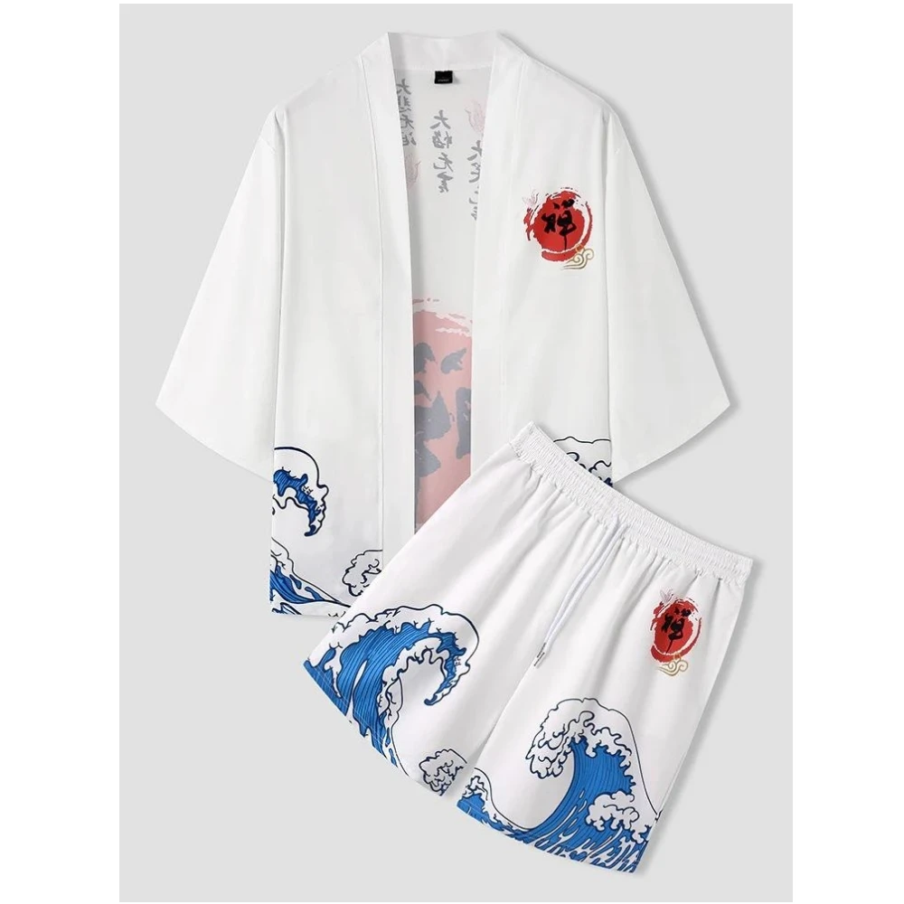 Two-piece Suit Japanese Cardigan Boys Girls Cosplay Zen Print Yukata Red Kimono Shorts Sets Patchwork Asian Traditional