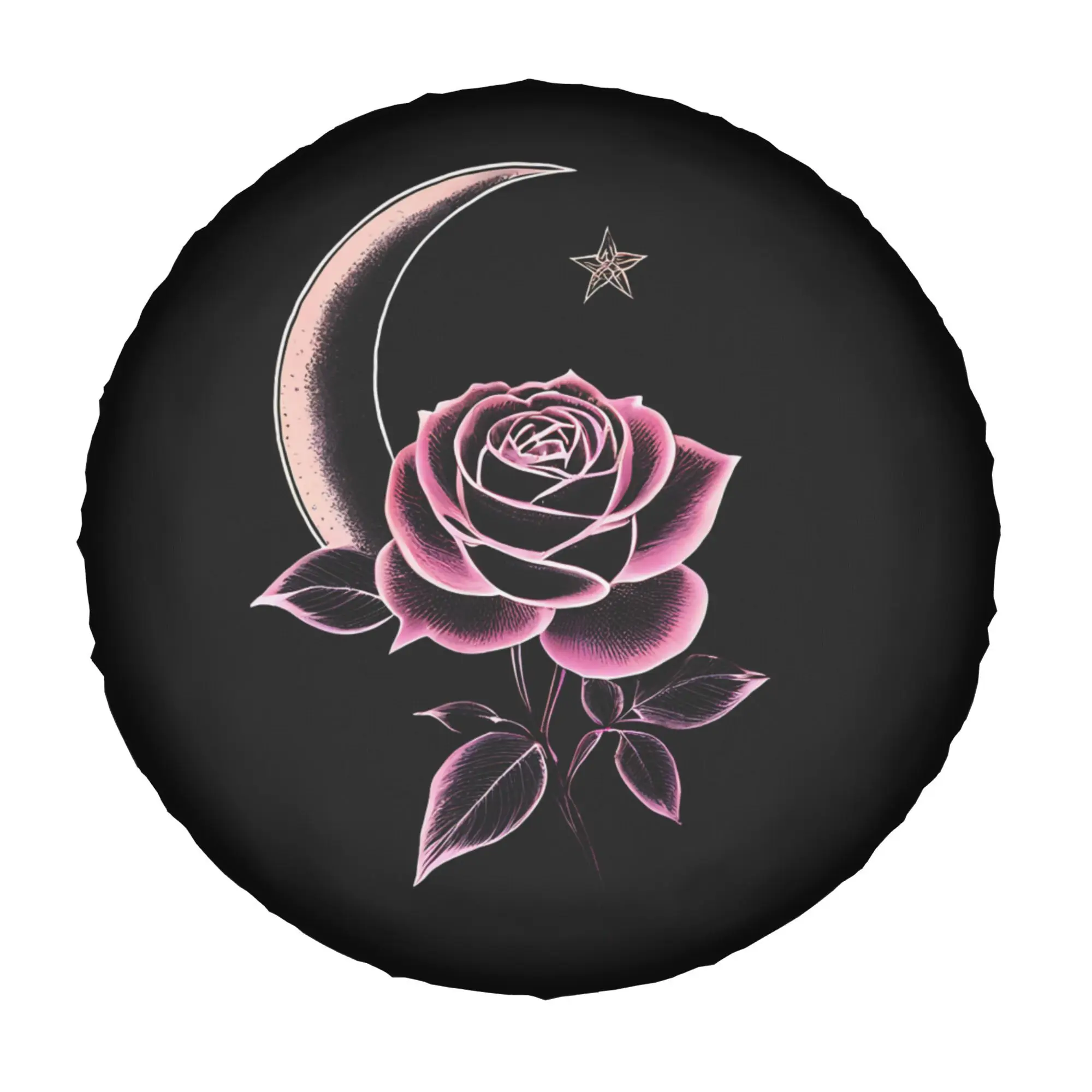 2D Flat Printing 1pc Pink Rose Crescent Moon Pentagram Printed Car Tire Cover, Universal Stylish Spare Wheel Protector, Perfect
