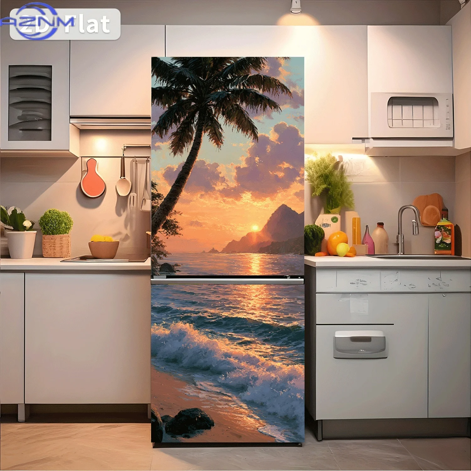 [2D Flat Printing] 1pc Refrigerator Sticker Coconut Shore Sunset Molten Golden Theme Design Wall Decoration Self-Adhesive Suit
