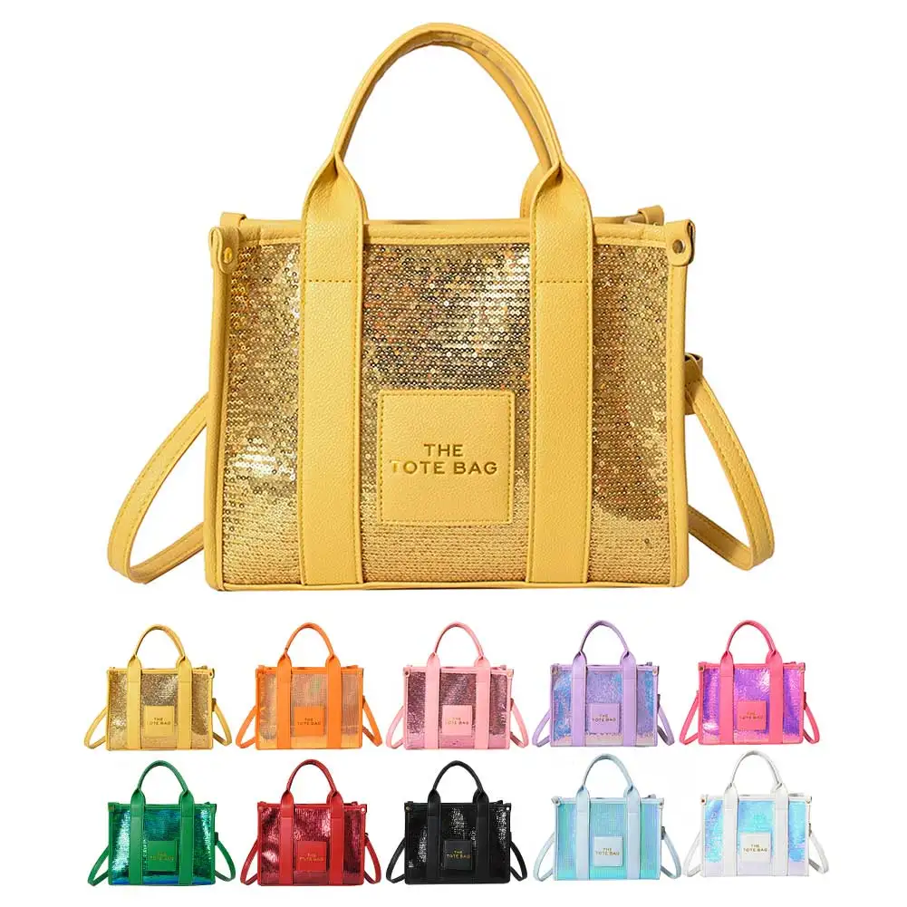 Ladies Handbags PU Leather Sequins Women Top-Handle Bags Casual Fashion Shiny Portable Adjustable Straps Messenger Bags