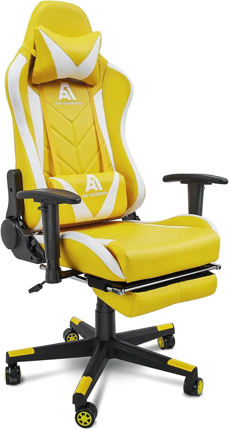 

Ergonomic Gaming Chair with Footrest, Lumbar Support & Swivel - Yellow/White High Back Racing Style