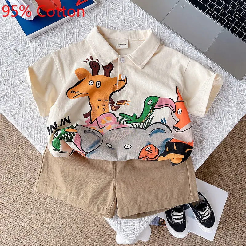 Boys' Summer Cartoon Polo Shirt Set Baby Girl Short Sleeved Top and Bottom Two-piece Set Handsome Children's Outfits Clothing