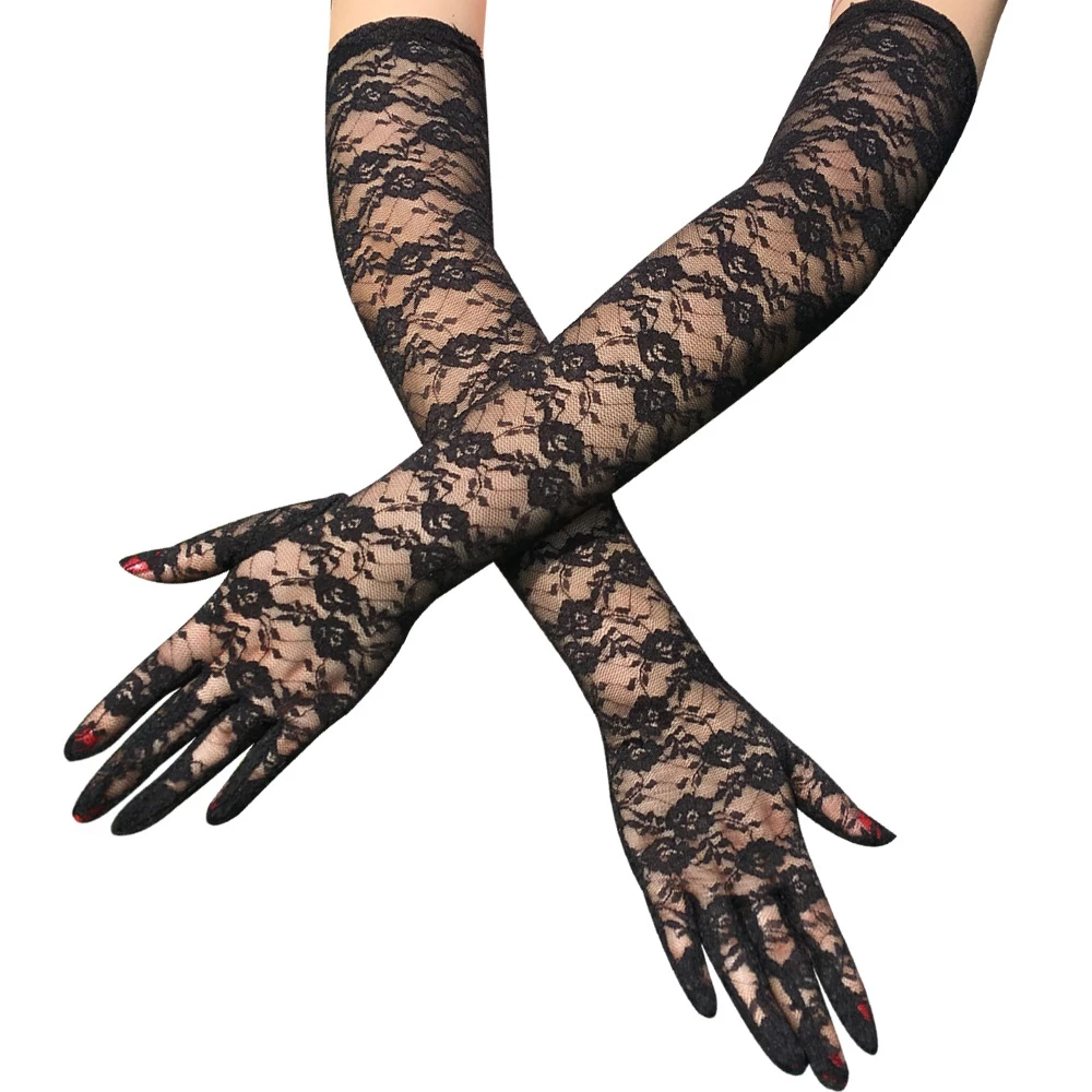 54cm Lengthened Lace Full Finger Party Gloves For Men Women New Solid Sunscreen Long Mittens Outdoor Bride Dress Up Gloves