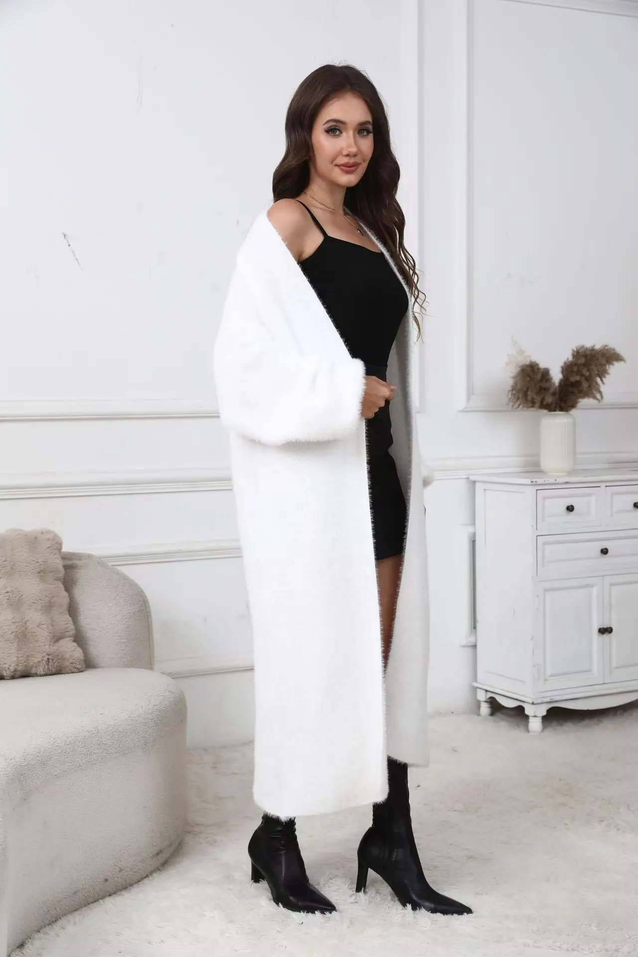 

Белый вязаный свитер из искусственной норки, кардиган, пальто, женский осенне-зимний свободный плюшевый пушистый длинный кардиган