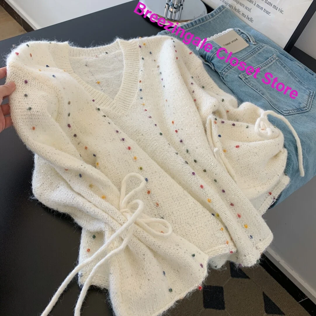 French high-grade retro heavy industry sequined strap trumpet sleeve sweater women's autumn and winter new lazy V-neck sweater