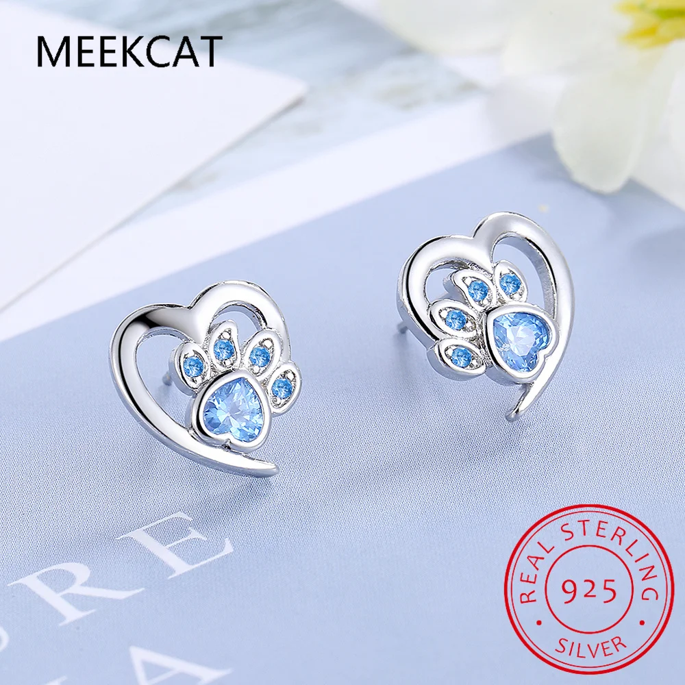 Blue Crystal Paw Stud Earrings for Girl Heart Shape CZ Footprint Ear Studs Jewelry Women Original Design Bijoux Brincos SCE654