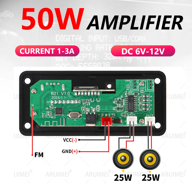 50W Bluetooth Amplifier Board, 2×25W Stereo Audio Amp with MP3 Player, USB/TF/FM/AUX, Mic & Remote, DC6-12V