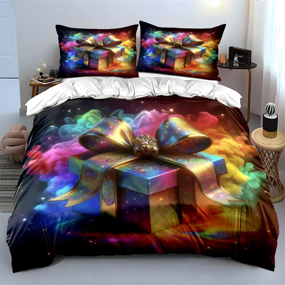 A colorful and magical gift box radiates brilliance Print Duvet Cover Bedding Set Included 1*Duvet Cover 2*Pillowcases