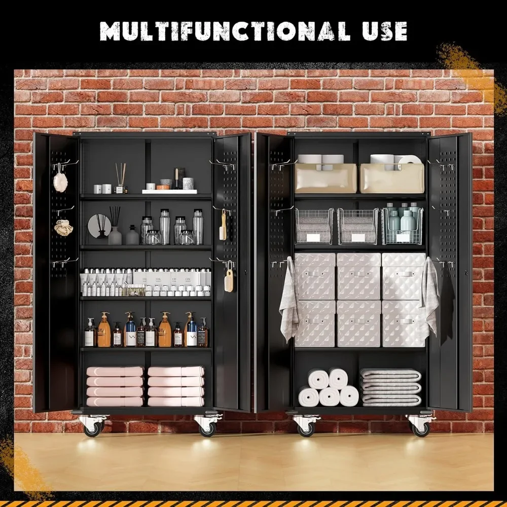 ตู้เก็บของโลหะแบบมีล้อ ขนาดสูง 72 นิ้ว 2 ประตู ชั้นวางปรับได้ ทำจากเหล็กสีดำ สำหรับจัดระเบียบโรงรถ